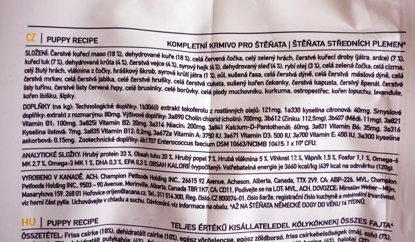 Acana Puppy – štítek se složením