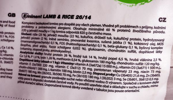 Eminent Adult Lamb & Rice – štítek se složením