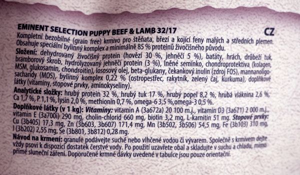 Eminent SELECTION PUPPY – štítek se složením