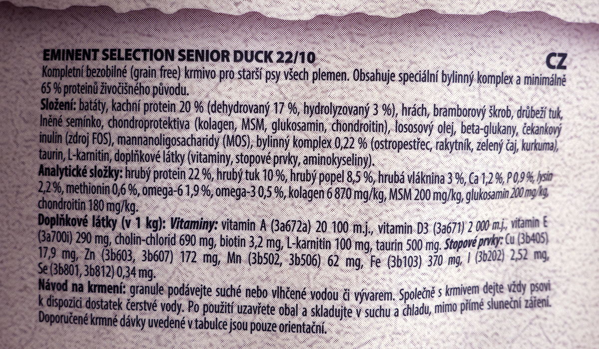 Eminent Selection Senior – štítek se složením