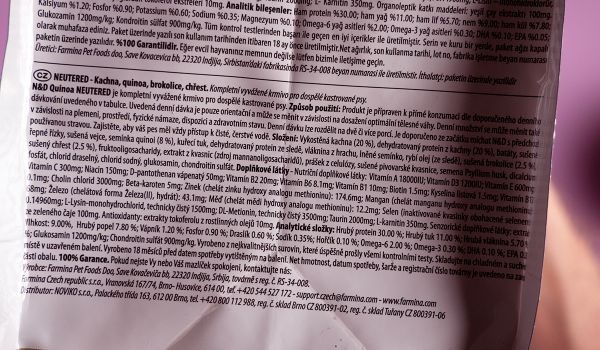 Farmina N&D Quinoa Neutered – štítek se složením