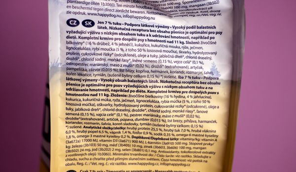 Happy dog fit & vital Light Calorie Control – štítek se složením