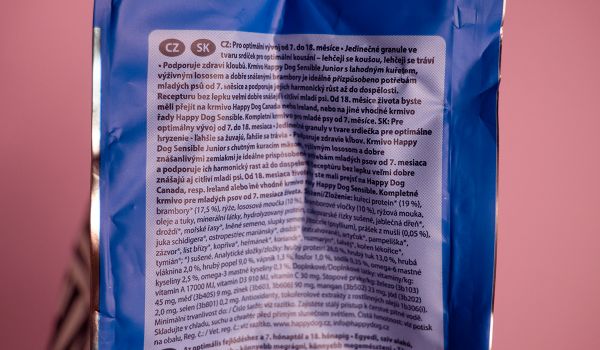 Happy dog Sensible Junior – štítek se složením