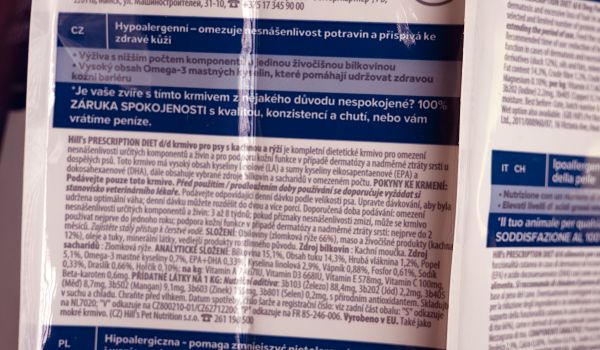 Hills Prescription Diet d/d – štítek se složením