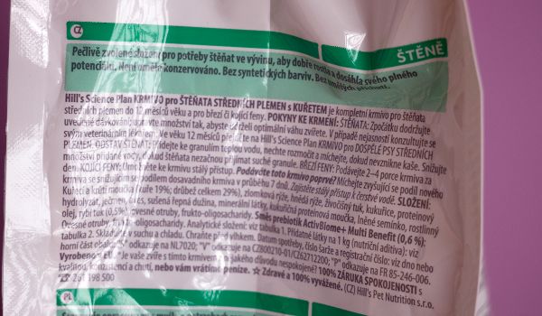 Hills Science Plan Puppy – štítek se složením