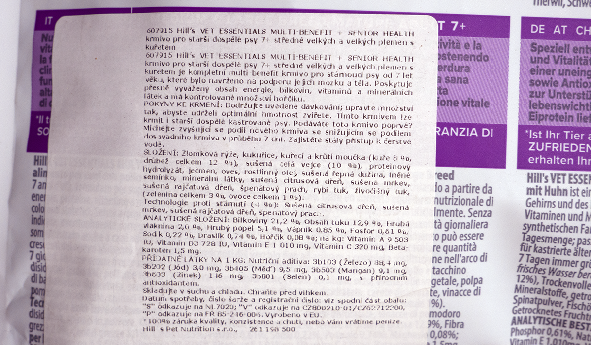 Hills SENIOR HEALTH – štítek se složením