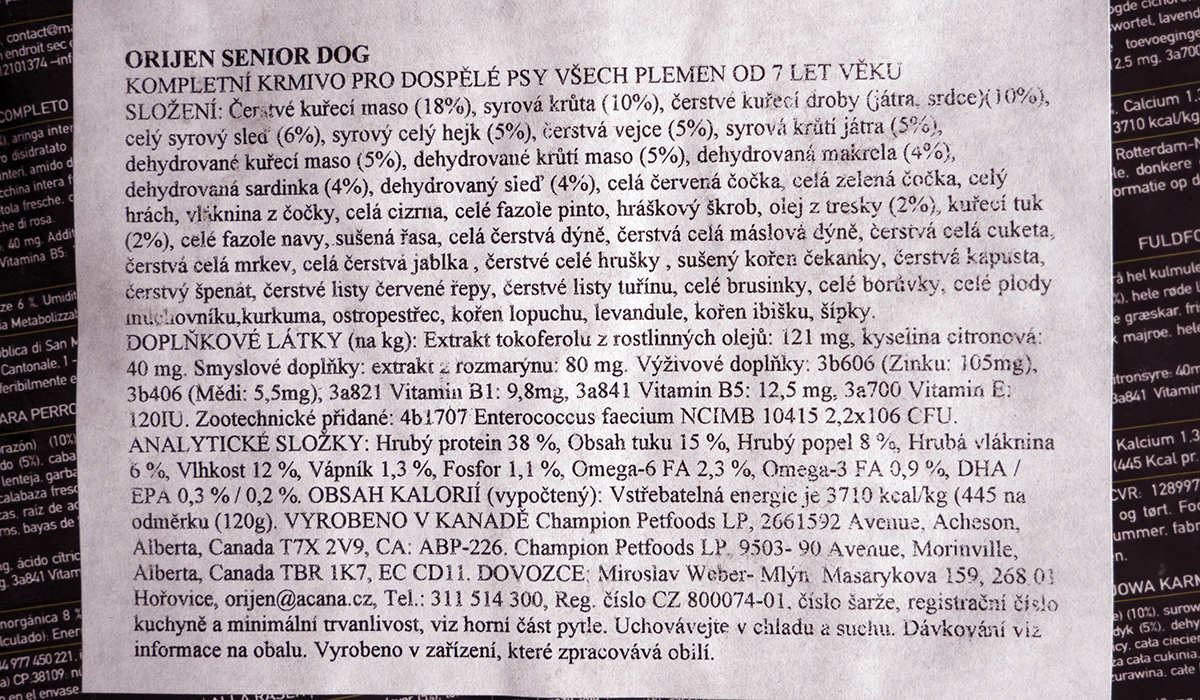 Orijen Senior – štítek se složením