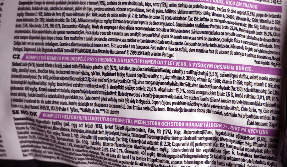 Purina Pro Plan Age Defence – štítek se složením