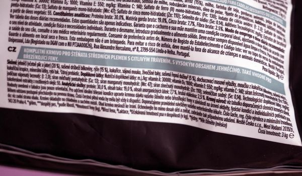 Purina Pro Plan Sensitive Digestion – štítek se složením