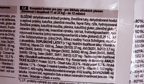 Royal Canin Puppy – štítek se složením
