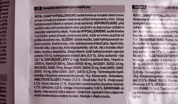 Royal Canin VHN Dog Hypoallergenic – štítek se složením